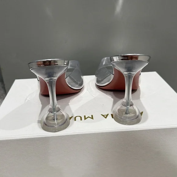 Amina Muaddi Lupita glass clear slipper plexi Silver pvc leather Heels - Picture 6 of 8